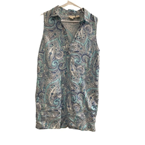 Cynthia Rowley 100% Linen Blue Boho‎ Paisley Sleeveless V-Neck Dress - Size 14